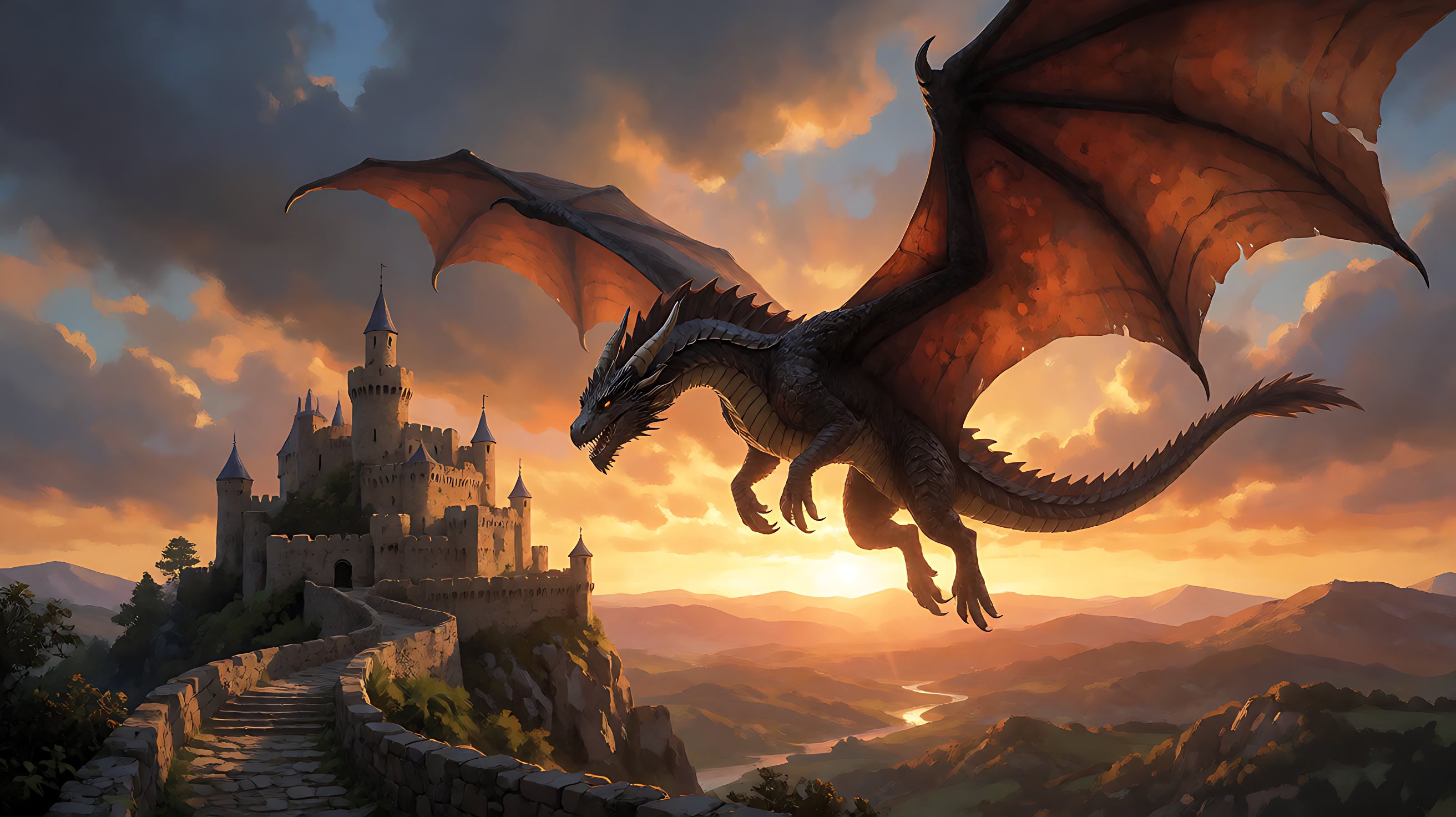 AI-generated: Dragon over a castle at sunset