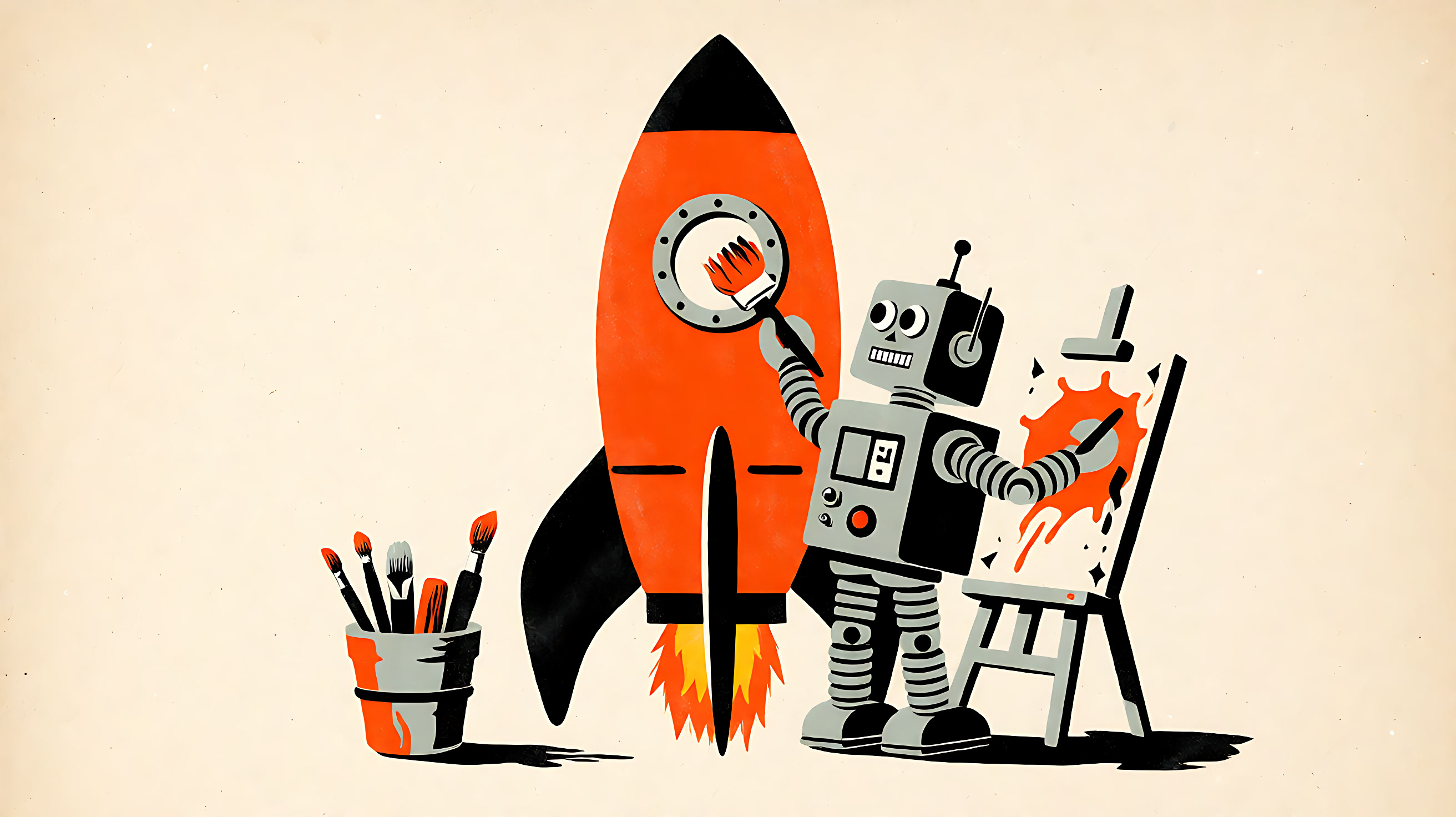 AI-generated editorial illustration of a robot artist painting an orange rocket